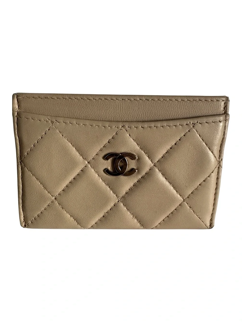 CHANEL Beige Quilted Lambskin Classic Card Case Gunmetal CC Logo Box